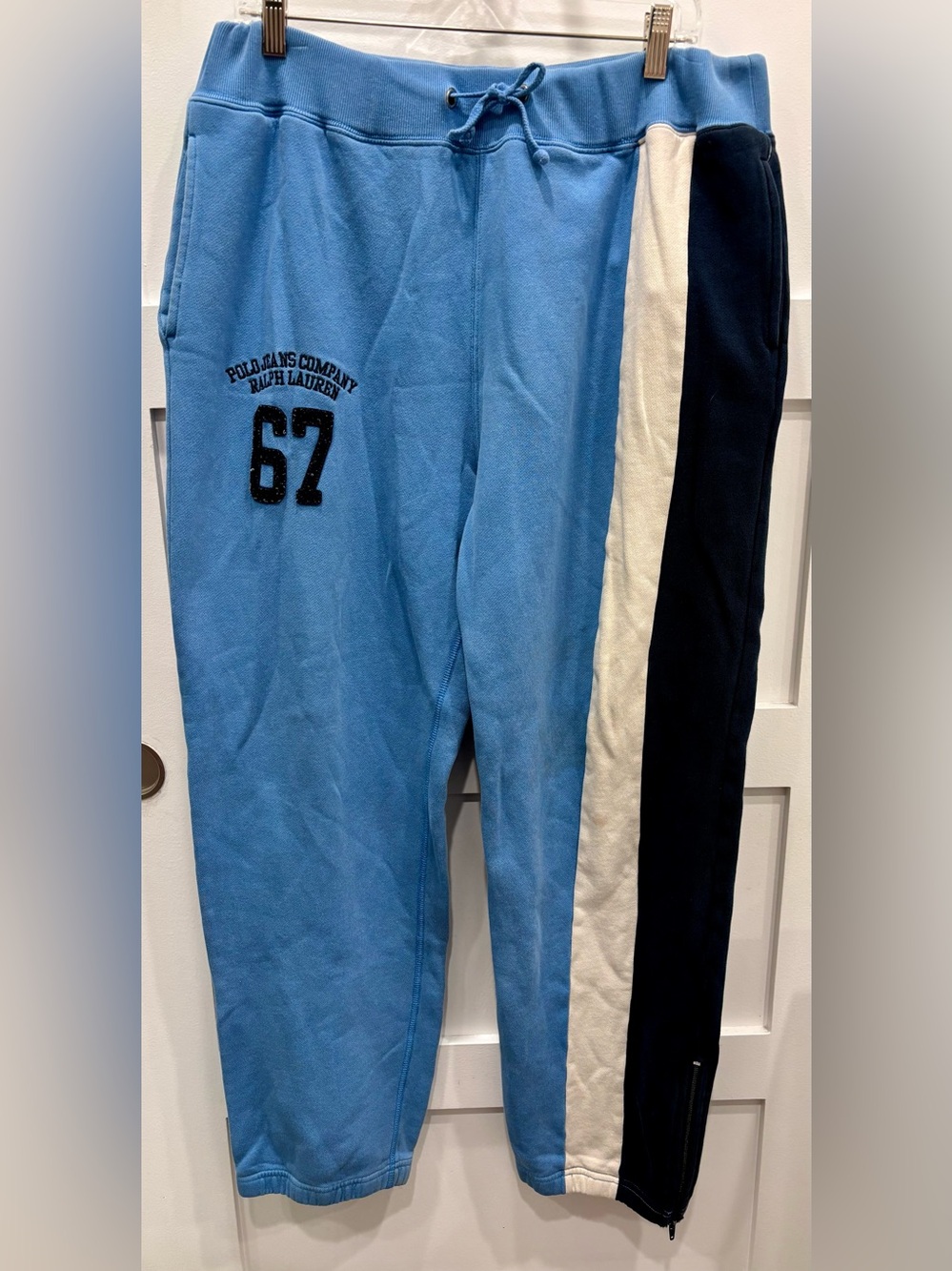 Vintage Ralph Lauren Light Blue Sweatpants with Cream & Navy Side Stripes Preppy